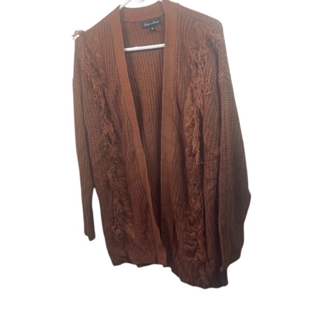 Alison Andrews Fringe‎ Cardigan Open Front Knit Sweater Copper Brown XL